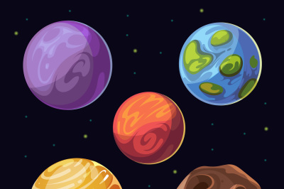 Cartoon alien planets, moons asteroid on space background