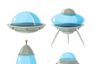 Cartoon alien spaceship, spacecrafts and ufo vector set