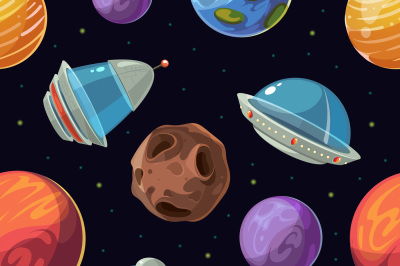 Cartoon space with planets, spaceships, ufo vector seamless background