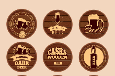 Wooden oak barrel signboards. Retro vector circle alcohol labels for c