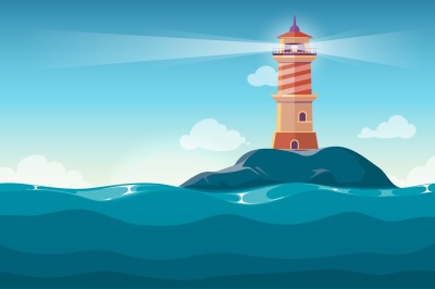 Lighthouse on rock stones island cartoon vector background