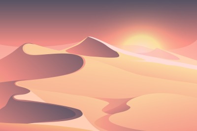 Desert sunset vector landscape with sand dunes