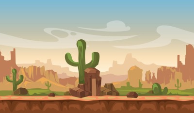 Cartoon america prairie desert landscape with cactus&2C; hills and mounta