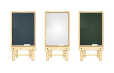 Cartoon black, white and green school blackboards on wooden stand vect