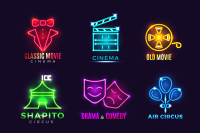 Neon circus, cinema, movie vector vintage labels