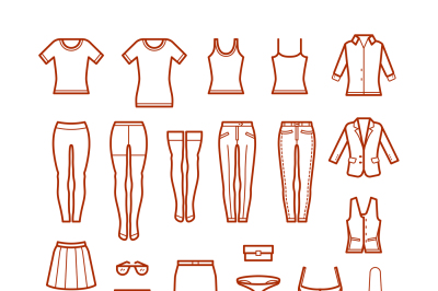 Womens clothing, female fashion line vector icons set