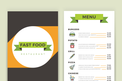 Fast food restaurant and cafe menu vector template with flat line icon