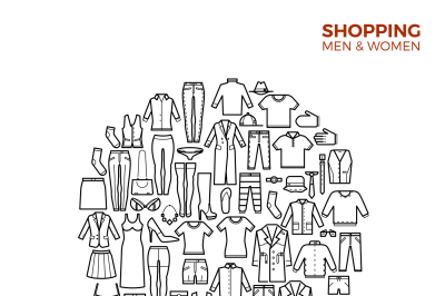 Fashion and shopping concept with clothes thin line vector icons