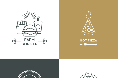 Fast food restaurant and cafe vector logo set in linear style