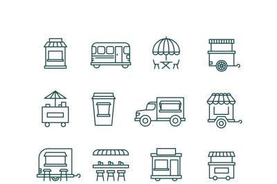 Street food retail, truck line vector icons