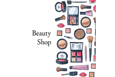 Vector hand drawn makeup products background