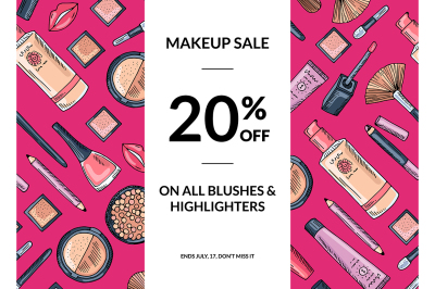 Vector hand drawn makeup products sale background