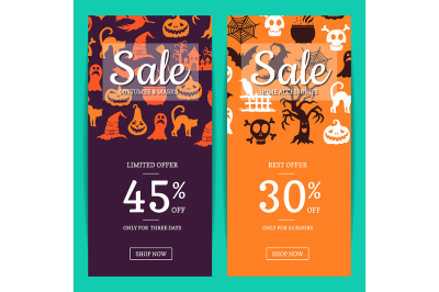 Vector halloween sale banner templates with witches&2C; pumpkins&2C; ghosts