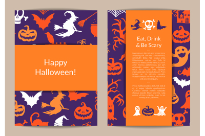 Vector halloween card templates with witches, pumpkins, ghosts, spider