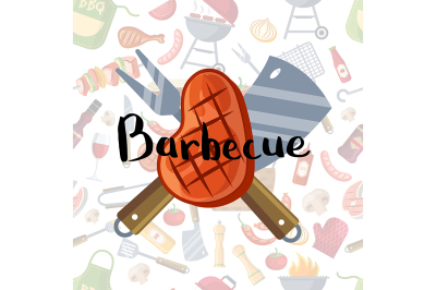 Fried meat, knive and fork with lettering on barbecue or grill element