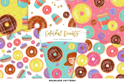 Colorful donut pattern images, Donut Party digital paper set