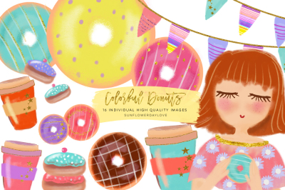 Colorful Donut Clip art Set, Donut and Coffee Clipart, Donuts Shapes, 