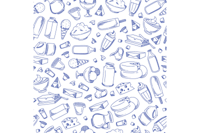 Vector monochrome hand drawn dairy products pattern