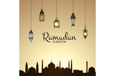 Vector Ramadan illustration with lanterns and arabic city silhouette