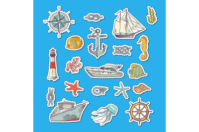 Vector colorful sketched sea elements stickers