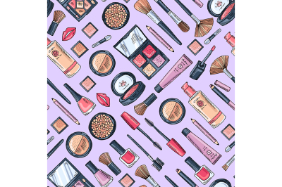 Vector hand drawn makeup products pattern or background
