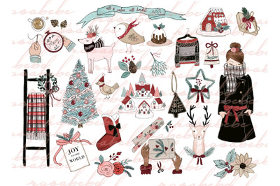 Red Christmas clipart set