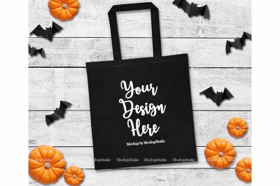 Halloween Tote Bag Mockup, Fall Black Canvas 