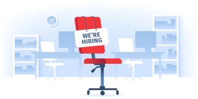 Job vacancy. We are hiring sign at vacant working chair in empty offic