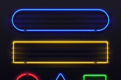 Realistic neon frame. Shiny banner with electric border glow and light