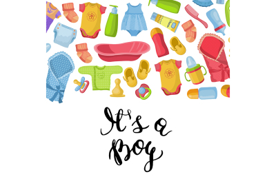 Vector it is a boy illustration with lettering and baby accessories