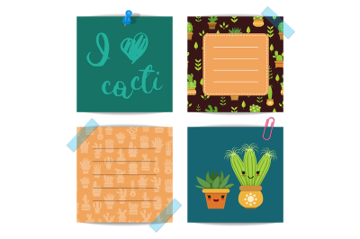 Vector notes set with lettering and cacti elements