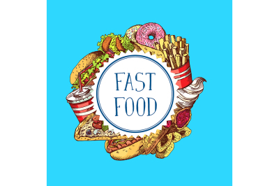 Vector hand drawn colored fast food elements