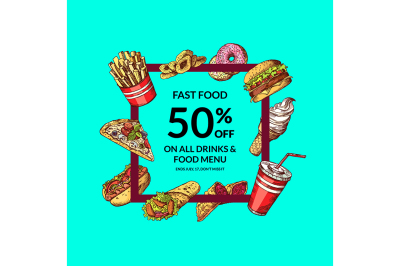 Vector sale illustration with colored hand drawn fast food elements