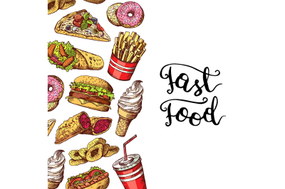 Vector hand drawn colored fast food elements illustration