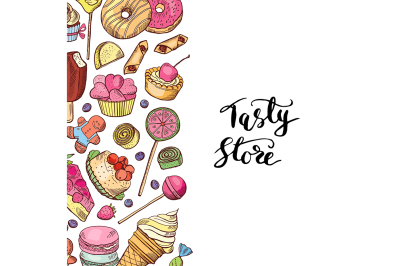 Vector hand drawn colored sweets shop or confectionary