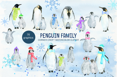 Watercolor clipart penguin family for instant download