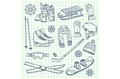 Vector hand drawn winter sports equipment on notebook