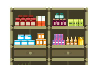 Pharmacy shelves with medical box and bottles for drugs flat vector co