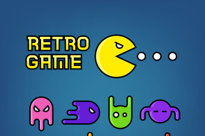 Pac man and ghosts for arcade computer game vector set