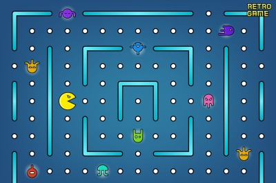 Pacman like video arcade game with ghosts, labyrinth and user interfac