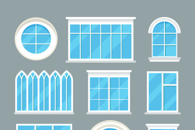 Glass home windows types vector flat icons