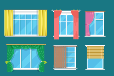 Flat vector window with curtains, drapery, shades blinds