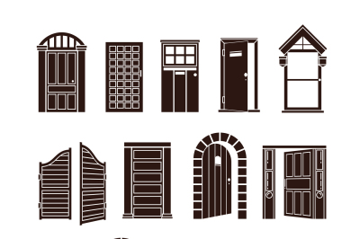 Open and closed door black vector icons set