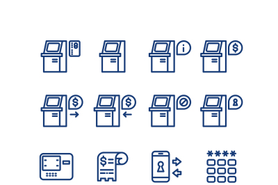 Atm terminal vector thin line icons set