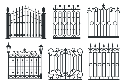 Metal iron gates, grilles, fences vector set