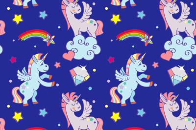 Cute unicorns&2C; clouds&2C; rainbow magic wand vector seamless pattern