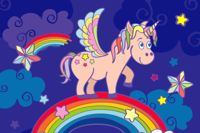 Cute unicorn and rainbow fairy vector background, poster, greeting car