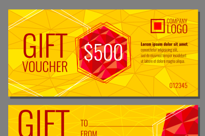 Vector gift voucher template with modern colorful polygonal pattern