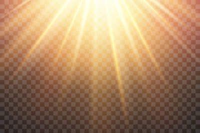 Realistic transparent yellow sun rays, warm orange flare effect isolat