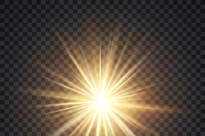 Vector realistic starburst lighting effect, yellow sun with rays and g